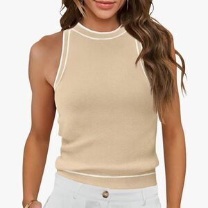 MIHOLL Ribbed Summer Racerback Tank Tops Sleeveless Halter Knit‎ Cream Medium